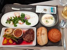 The main tray was very good. The beef was nice and well reheated. The red liquid is from the beets, not from the beef being cooked to destruction 