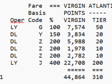table of 6 flights comparing DELTA to VIRGIN ATLANTIC FF programs