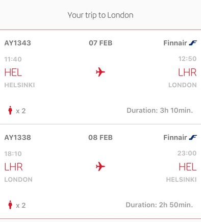 Iberia app showing Finnair bookings