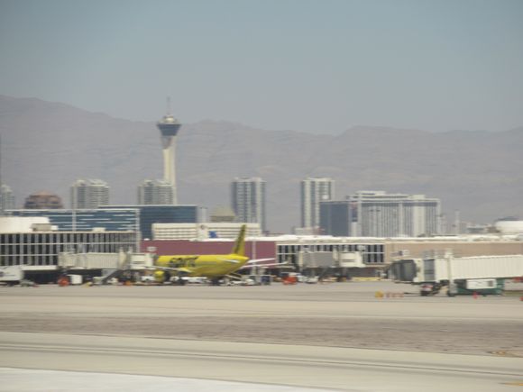 Stratosphere Tower and Terminal B during taxi at LAS