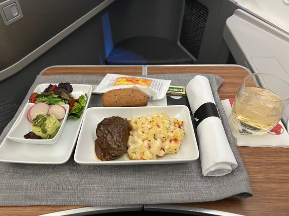 Westbound lunch LAS-PHL.  I asked the FA not to include the shrimp since I’m allergic.  He swapped it with some hummus instead.