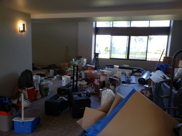 Construction materials line the halls, open public spaces at this resort.