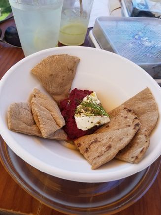 Beet hummus and pita with lebnah and dill at lunch - as expected, light and fine