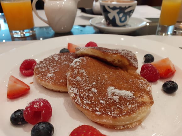 The pancakes - Very tasty as was the smoothie- coffee was nice but found it difficult to get a staff member for a coffee or refils ( other people appeared to be asked for coffee when seated but I was not)