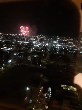 Fireworks in the distance on Friday evening ( had to get the camera close to the window to minimise glare from the lounge)