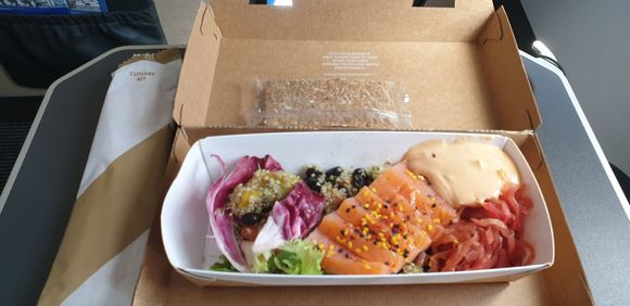 Salmon mayo, bulgur, pickles and salad