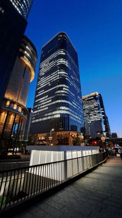 The Conrad building from Outside just after sunset. It was nice to walk around the block on the footpaths above the river as the sun set and lights came on