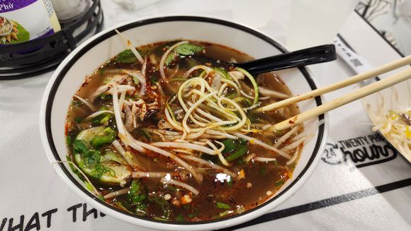 Dinner Friday night from Twenty Pho Hour. The noodles are actually zoodles (zucchini noodles).