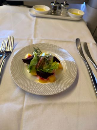 Amuse Bouche:
Heritage marinated beetroot, horseradish cream, cider and maple dressing