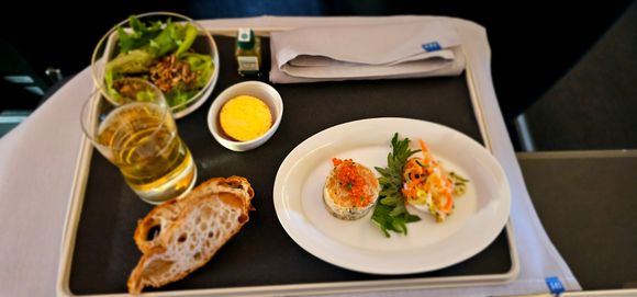 Starter: Salmon tartare (the tuna listed on the menu wasn't loaded). Can't really describe what was next to it. The salad was mostly lettuce and seeds. 3/5. I don't know why SAS can't add veggies to the salad.