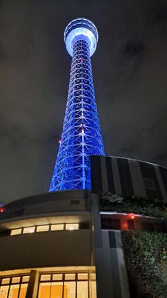 The yokohama marine tower illuminated at night