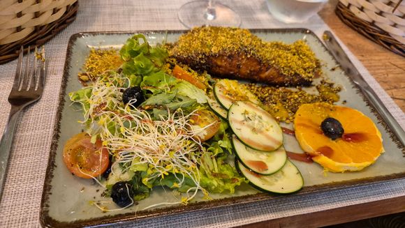 Luca was super helpful with my Mum's long list of allergies. This was a salmon fillet baked in a pistachio crust. 