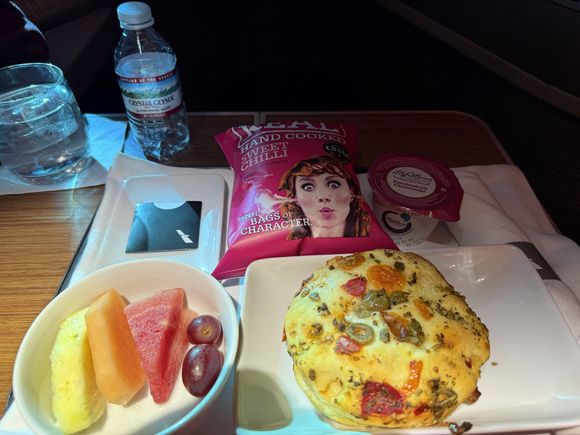 The rustic chicken focaccia before landing was fine, but as you can see from the following picture, AA skimped on the protein, which is the norm for arrival sandwiches.