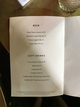 Normal drinks menu at Galvin Brothers Bar