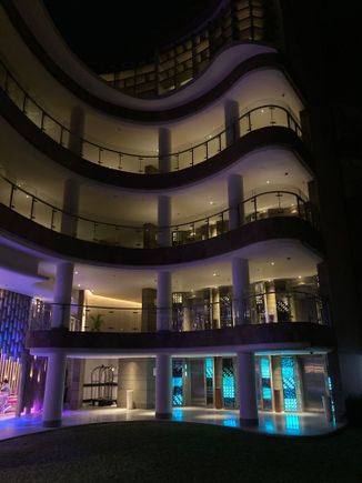 Outside look towards inside elevator bank