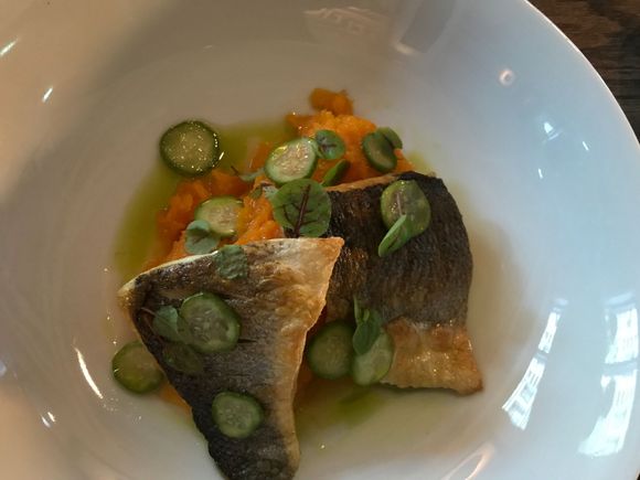 Large plate: seabass with pumpkin