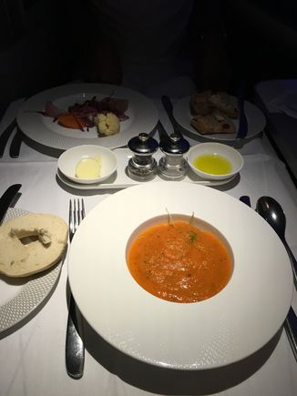 This is the soup listed above in the F cabin PHL-LHR on the evening of 5 Aug. The crew said they had tasted it and didn’t like it. I felt it was nothing better than M&S might sell in the chiller. 