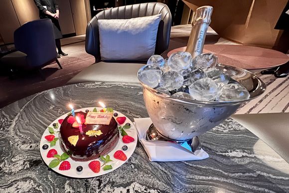 Birthday cake (so big!) and Perrier-Jouët Champagne 
