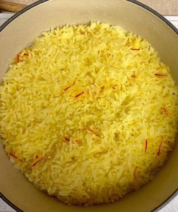 Stovetop lemon saffron rice. I always use my 1.5 cup rice cooker, but didn’t want to stink up the silicone ring gasket with the saffron fragrance forever. 