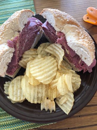 So, my sandwich yesterday was so huge that I was able to make this big of a sandwich on a bagel for lunch today with the meat from half of it. 