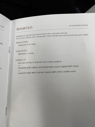Breakfast at 11am destination time.