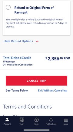 For those of you worried about a refund. This is the option I have when I hit cancel. Mine was booked via Amex IAP. I was able to select all seats once given the DL confirmation #. Safe travels everyone.