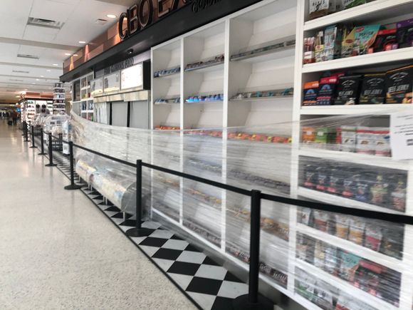 All vendor outlets and restaurants are closed off and wrapped in plastic covering. 