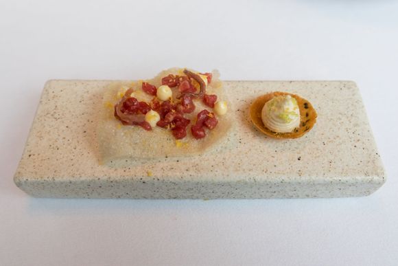 Second amuse bouche: A fish-based "taco" with beef tartare topping, with a cheese cream bite on the side. Sorry at the lack of details--the amuse bouche weren't on the menu proper, so I didn't have materials to refer back to later.