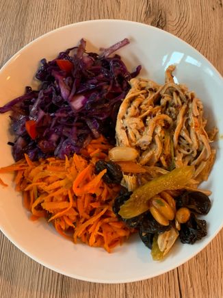 Bang bang chicken with extra chili oil and lots of marinated veggies. 