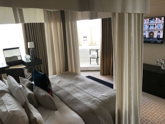 Bedroom has a free standing bathtub 