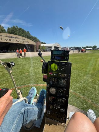 Small, vertical instrument column, not much different from that in my own light aircraft. Just visible, above the instrument stack, is one of the Goodyear blimps arriving 