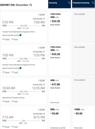Award Mileage Chart ORD-SIN Dec 15