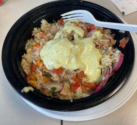 Carnitas keto bowl with avocado crema.