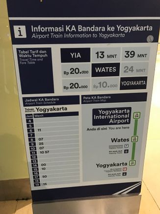 And this is the current (slightly irregular) train schedule from the Airport to Yogjakarta's main trainstation "Tugu"

Locals told us the train used to run every hour precovid but now the schedule has been adapted to match the flow of airplane departures/arrivals at the airport 