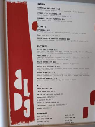 BLDG breakfast menu