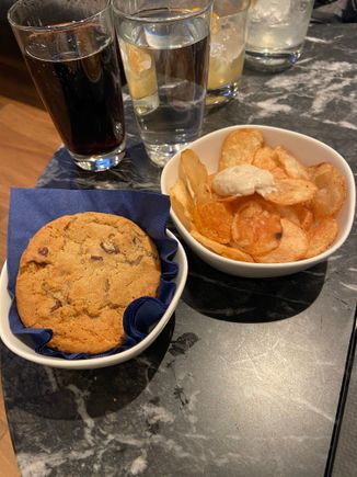 Cookie and kettle chips + dip. Man I’m fat today .. ugh 