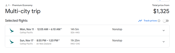 CX SEA->HKG | HKG -> CHC in PE