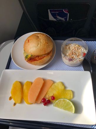 Breakfast LHR-JER this am - muesli, fruit platter and a decent egg/tomato/cheese roll. 