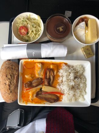 The HEL-LHR last night. Delicious Thai Red Chicken Curry. 