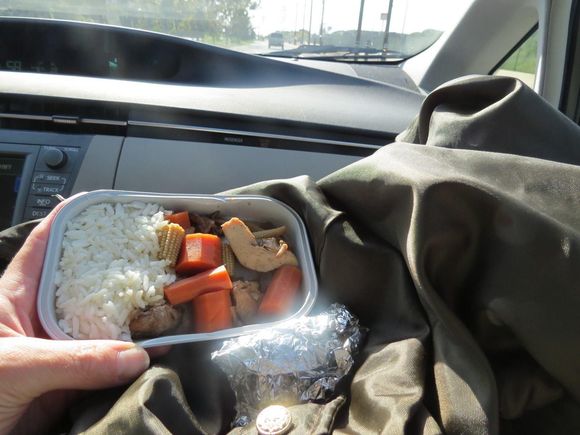In the car we had an adobo heated up with lunch bag