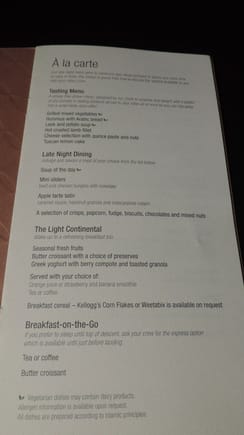 Tasting menu or late night dining. Light Continental or breakfast on the Go.