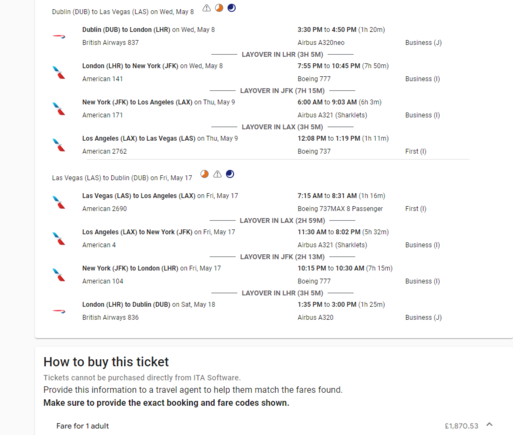 Realised should have picked a flight that actually had all business class flights.  It's kind of annoying how it shows these Economy flights in the listings from Aer Lingus...