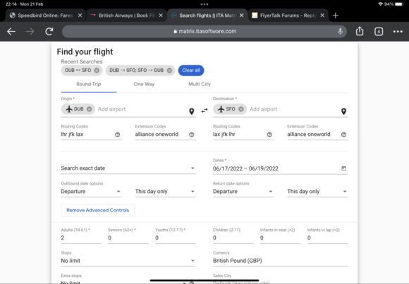 Very straightforward and tons of availability as long as you are happy with SFO.   I found that by substituting BOS for JFK in the example, either one or both ways, gave more time-friendly options in DUB.  MIA worked last week, not now.