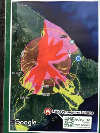 Radius of Gunung Agung - effects on Amlapura regency ---- far away from Jimbaran