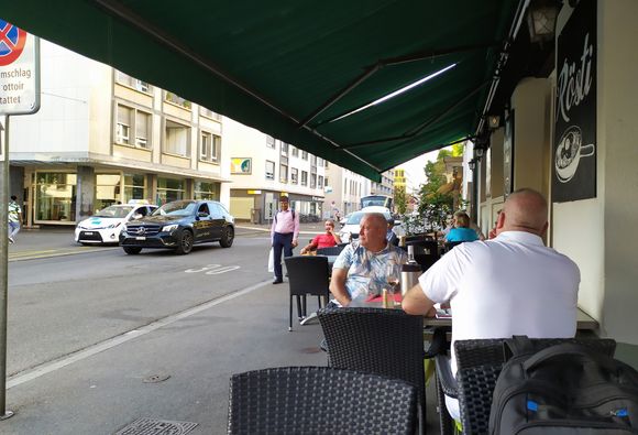 Sitting outside the Holzschopf restaurant in Basel