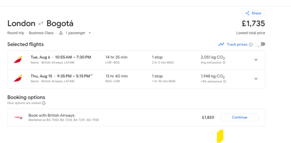 Reasonable business fare to Bogota from Heathrow.  Make it a 5 day holiday for double TP?  330/350 LHR MAD as well.