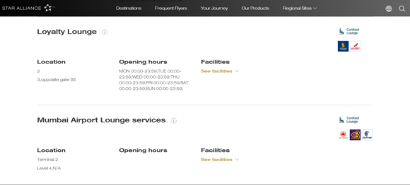 This is from Star Alliance Lounge Finder with just Mumbai as the airport
