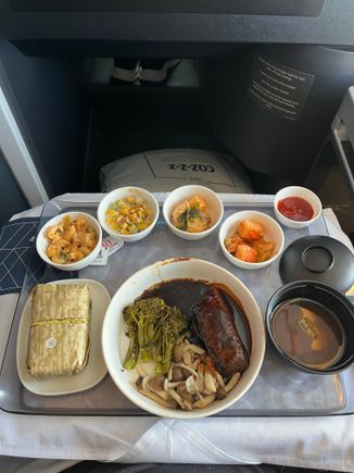 Korean Meal
Top (from left to right): kimchi macaroni salad, charred corn salad with cucumber and doenjang mayo napa cabbage and daikon kimchi
Bottom (from left to right): purple rice pack, Korean braised beef, dongjang soup (soybean paste soup - similar to miso)
