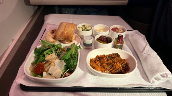 Tray setup with spicy prawn starter.