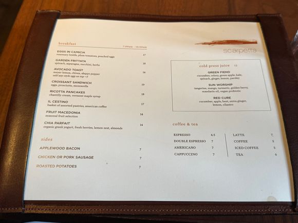 Scarpetta’s small breakfast menu
